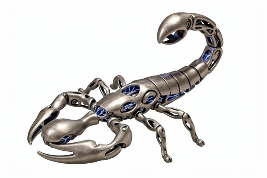 Futuristic metallic scorpion robot glowing blue energy veins sci-fi mechanical insect cyberpunk design isolated white background
