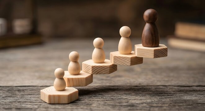 Wooden figurines of people on stepping blocks symbolizing career growth, promotion, and business success on a rustic wooden surface