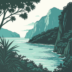 Teal illustration of a serene coastal landscape with cliffs, water, and lush vegetation in a scenic view © fff