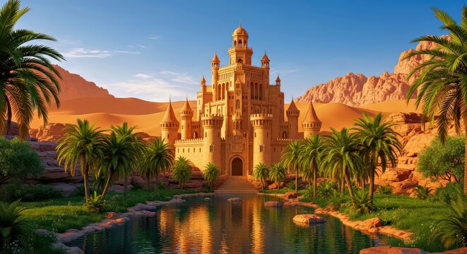 Grand Desert Castle With Oasis and Palm Trees in Middle East