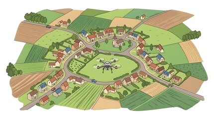 Fototapeta premium Colorful Hand Drawn Aerial Drone Over Village Landscape Scenery Illustration