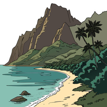 A serene beach scene with a mountainous backdrop and palm trees on the right, featuring a sandy shore and turquoise water