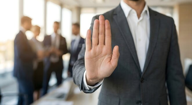 Close up of businessman in grey suit showing palm stop gesture with hand while colleagues talk in blurred office background representing boundaries rejection and professional control in workplace