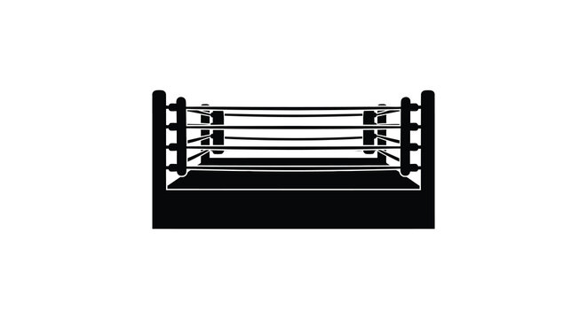 A stark black silhouette of a professional boxing ring with ropes and corner posts isolated on white background silhouette