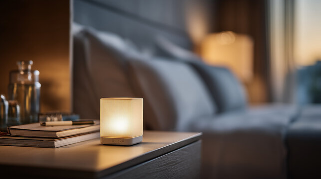 Sleep tracking device glowing softly on nightstand beside athlete's journal, dim bedroom lighting creating restful ambiance, recovery tools visible nearby, ideal for performance optimization, rest i