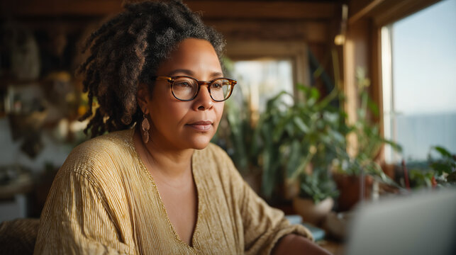 Indigenous therapist conducts telehealth session from serene home office with traditional artwork and plants while afternoon sun illuminates natural wood desk, ideal for BIPOC mental healthcare, cul