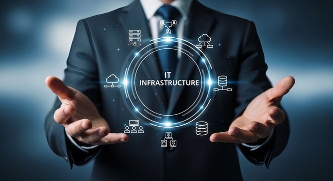 A businessman presenting IT infrastructure concepts with a futuristic interface in his hands.