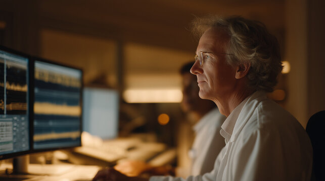 Hearing specialist fits custom earpiece on elderly patient, dramatic backlit testing booth environment, audiogram charts displayed on monitors showing frequency response patterns, perfect for audiol