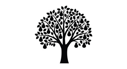 A striking black silhouette of a pear tree with full foliage and a substantial trunk silhouette high quality © Ajahar