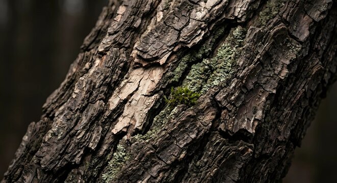 Rough Pine Tree Bark with Green Moss and Lichen Macro