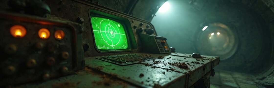 Old abandoned missile silo interior shows rusted control panel and green radar screen glow. Dust motes float in dim atmospheric tunnel. Vintage military tech sits in decay.