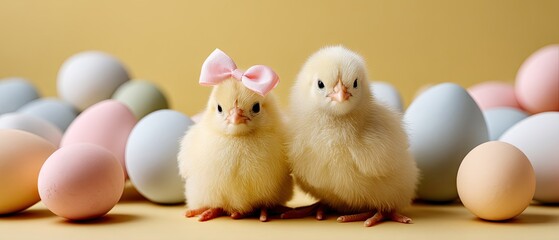 Naklejka na ściany i meble Two fluffy yellow chicks with pink bows sit among pastel eggs on a sunny yellow background in a studio setting for an Easter theme
