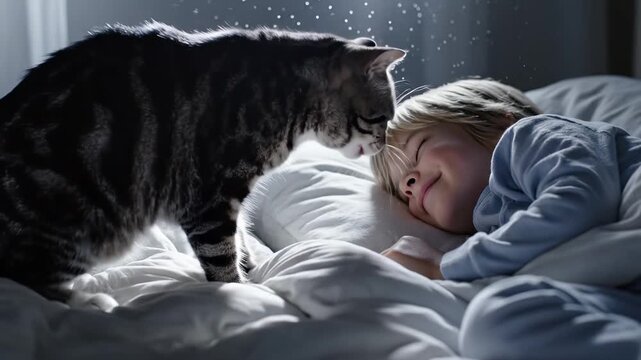 In a cozy bedroom bathed in soft morning light, a playful cat gently nudges a sleeping child, creating a heartwarming scene of innocence and companionship.