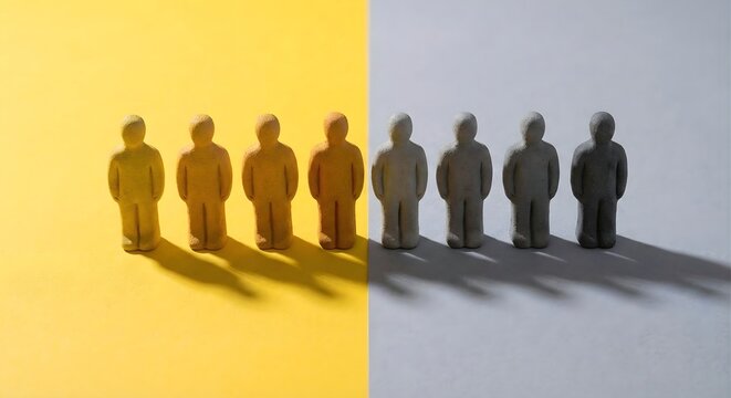 Six small human figurines arranged in two rows, yellow and grey background, representing diversity, separation, different groups, social contrast, grouping concept