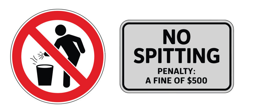 No spitting sign illustration, prohibition warning symbol with red circle slash for hygiene, public health safety, and sanitation compliance signage.