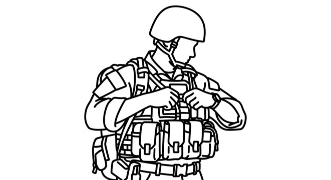 Soldier in tactical gear adjusting vest, military training, combat readiness