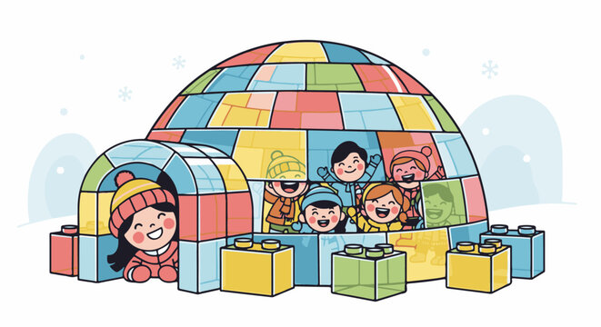 Diverse children joyfully gather inside a colorful, block-built igloo during winter