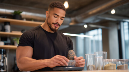 Fototapeta premium Young mixed martial artist weighing protein portions in industrial gym kitchen with digital scale and meal prep containers arranged on steel counter, perfect for nutrition planning, sports performan