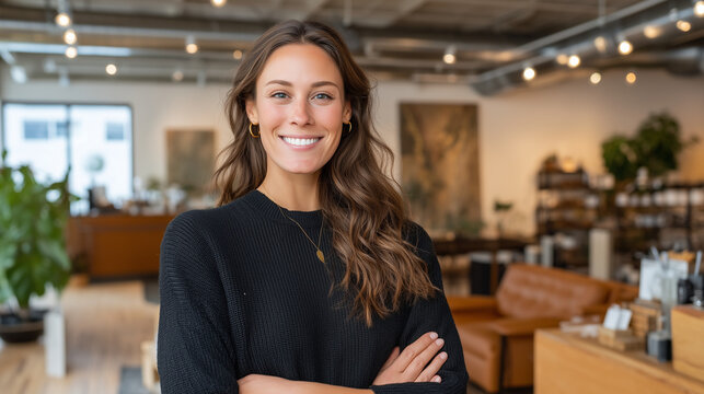 Woman entrepreneur celebrating funding milestone with small team in trendy coffee shop space with vintage furniture and exposed ductwork, perfect for female founders, startup success, and modern ach