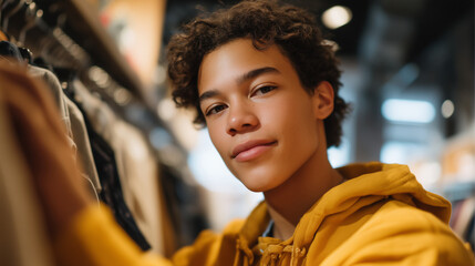 Fototapeta premium Young adult with nonbinary presentation shopping in gender neutral clothing section, confidently selecting items that match inner identity without conforming to traditional categories, ideal for aut
