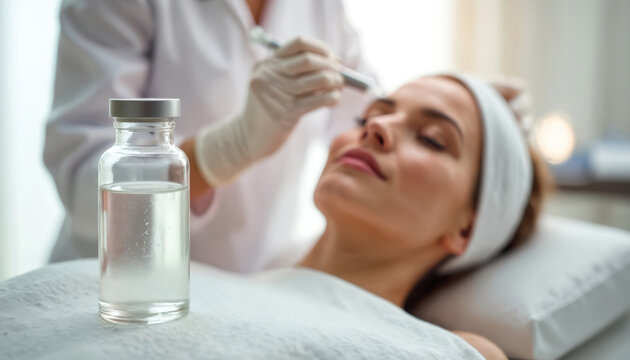 Professional applies liquid serum to woman face during skincare treatment. Beautician uses micro-needling device for skin rejuvenation in beauty salon. Client relaxes during cosmetic procedure.