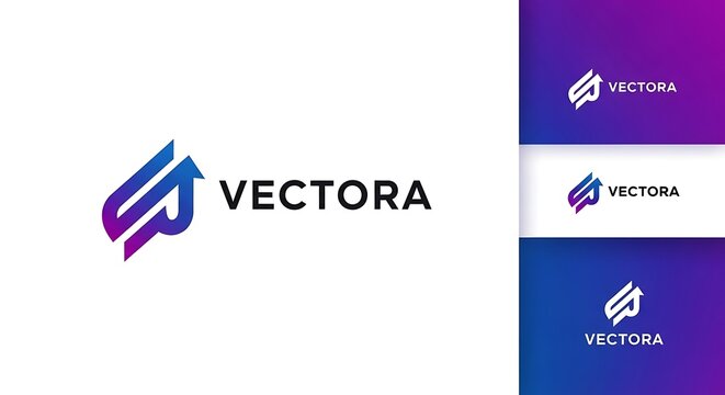 Vectora logo design with color variations and branding examples