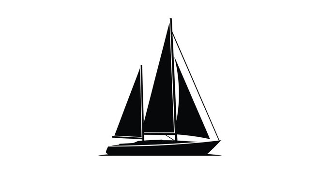 A striking black silhouette of a sailboat with two prominent masts and sails against a white background silhouette