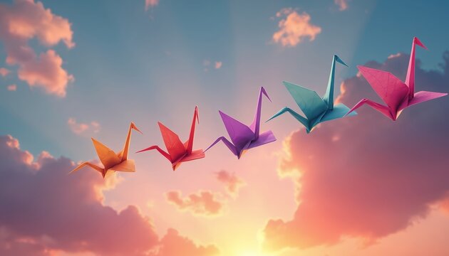 Colorful origami paper cranes fly in formation against a soft pastel sunset sky. A group of paper birds soar gently through the clouds during dusk hour.
