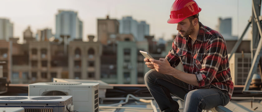 Male technician wearing safety helmet using tablet while inspecting HVAC equipment on rooftop. Industrial maintenance, air conditioning service and building engineering concept.