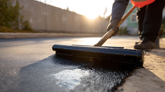 Road Maintenance Worker Apply Black Tar Coating to Pavement Surface for Repair and Sealing with Long Handle Roller Tool at Sunset