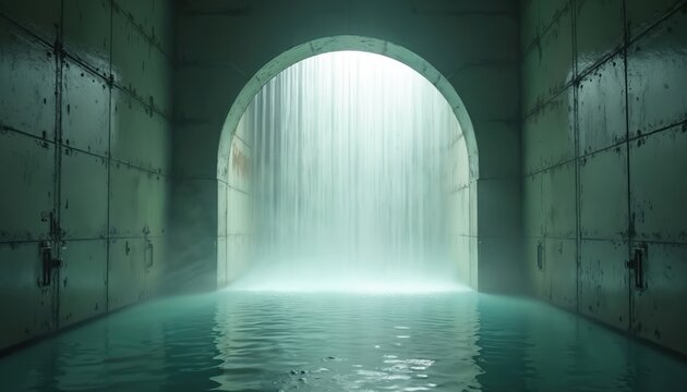 Futuristic decontamination archway with mist cascade. Water fills tunnel floor creating reflective surface. Green glow illuminates interior space. Modern architecture suggests hygiene protocols,
