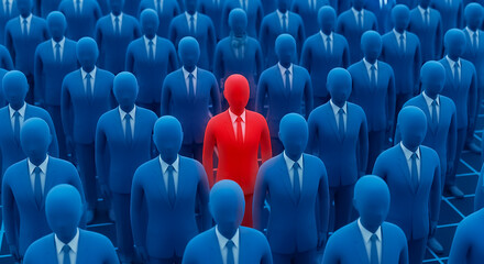 Obraz premium A 3D rendered figure in red stands out among blue business professionals, representing leadership, uniqueness, and influence in a corporate setting.