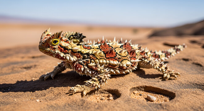 Thorny devil lizard sunbathing on sandstone rocks in Australian desert landscape covered in sharp spikes and scales wildlife close-up