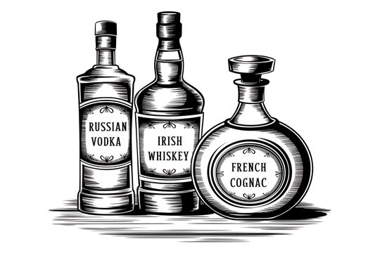 alcohol bottles drinks engraving vector set. Vodka, whiskey and cognac. Isolated black and white vintage style .
