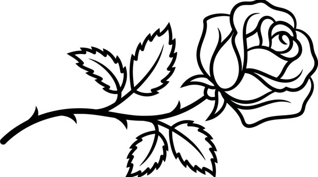 Elegant rose flower line art illustration with detailed thorns and leaves on white background, ideal for wedding invitations, coloring books and floral tattoos