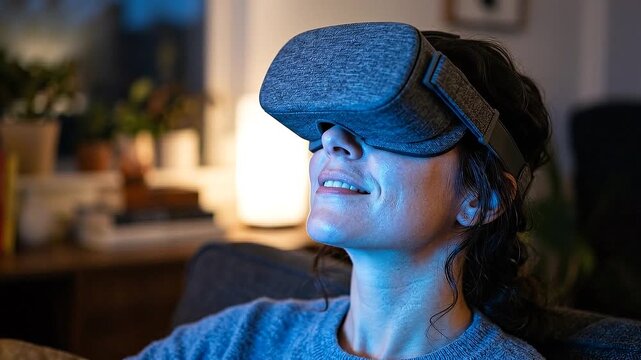 Mindful tech woman using virtual reality headset cozy home setting, smiling immersive digital experience with virtual reality headset user smiling