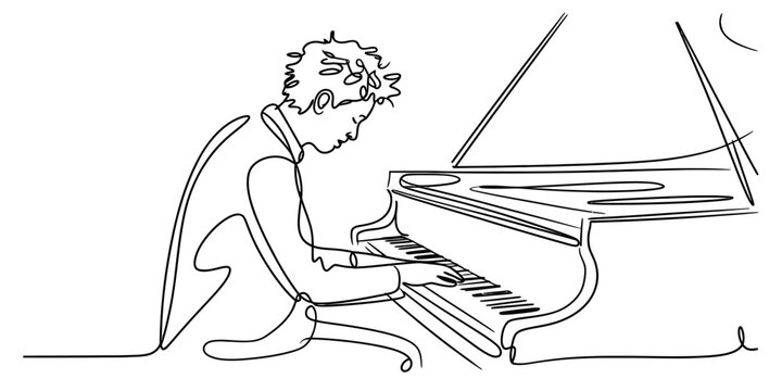 A single continuous line drawing depicting a focused musician playing a grand piano with passion Vector, illustration