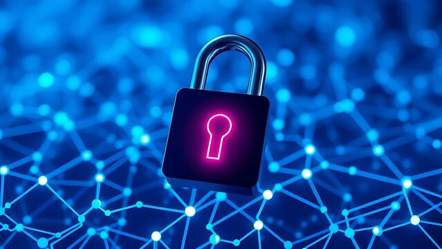 padlock. Digital padlock icon hovering above interconnected network nodes, symbolizing cybersecurity in a neon blue glow. product launch decks.