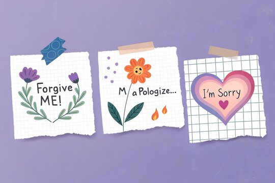 Three distinct handwritten messages featuring floral and heart illustrations convey sincere requests for forgiveness and apologies taped onto a textured lavender background surface for emotional commu