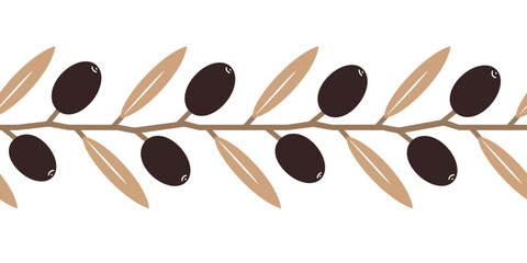 Hand drawn olive branch seamless border, olive twig silhouette isolated on a white background. Vector illustration © Toltemara