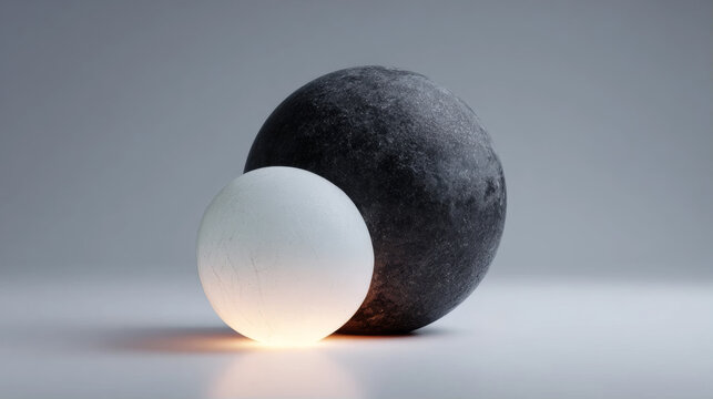 Minimalist 3D illustration of a small glowing white sphere positioned against a large dark textured orb, representing concepts of balance, duality, light and shadow, and celestial bodies.