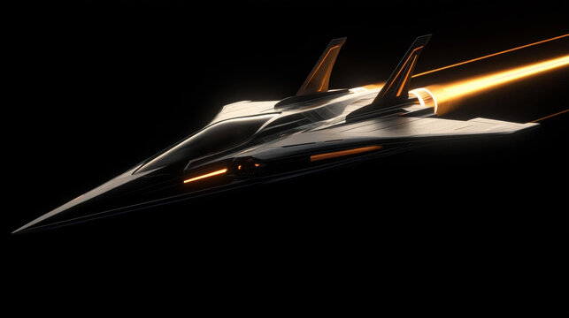 Futuristic black stealth jet fighter flying through dark space with glowing orange engine trail and sleek aerodynamic design