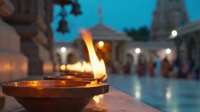 Pradosh Vrat, Close-up of traditional copper oil lamps (Diyas) flickering in a row, soft bokeh of a temple courtyard at dusk