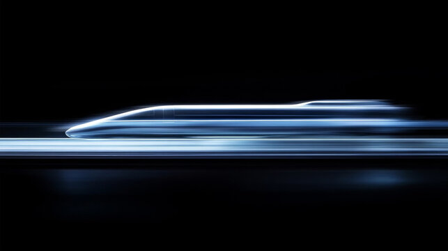 Futuristic high speed maglev train moving at ultra fast velocity with motion blur and blue neon light trails on a dark black background, concept of advanced transportation and future technology.