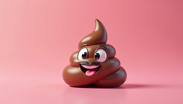 Funny cartoon poop character with mustache smiles broadly with pink tongue out. Cute poo emoji has big eyes and eyebrows. Generative AI art.
