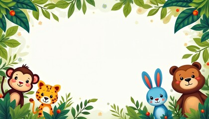 Fototapeta premium Cute cartoon jungle animals border with monkey, leopard, bunny, and bear. Natural green leaves frame a white empty space. Use for kids party invitations, book covers, or jungle theme decor.