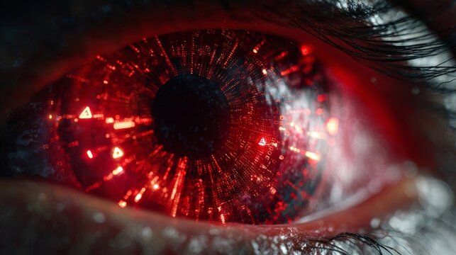 A close-up of a human eye with a red glowing iris and black pupil