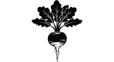 A striking black silhouette depicts a vibrant beet with leafy greens and a visible root structure silhouette © Jahid