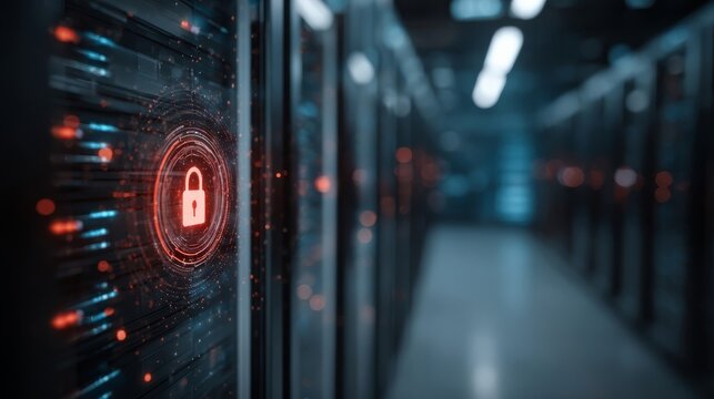 A secure server room with a glowing red padlock on a computer screen