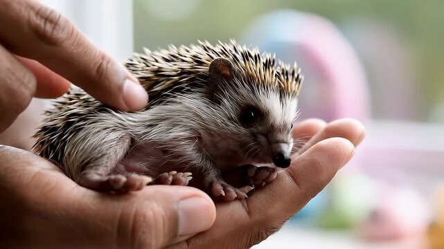 Baby hedgehog in human hand.